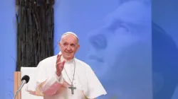 Pope Francis addresses young people at Lokomotiva Stadium in Košice, Slovakia, Sept. 14, 2021. Vatican Media.